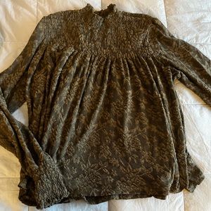 Anthropologie military green embroidered blouse, size M